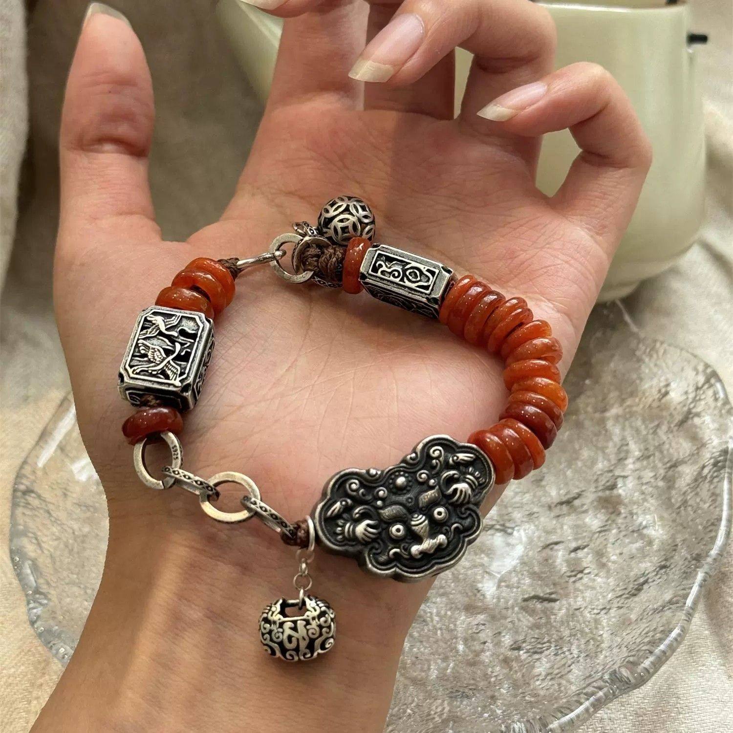 Tibetan Metal Beast Face Lock Crane Square Plaque Bracelet・Red Jadeite Spacer Vintage Beaded Bracelet