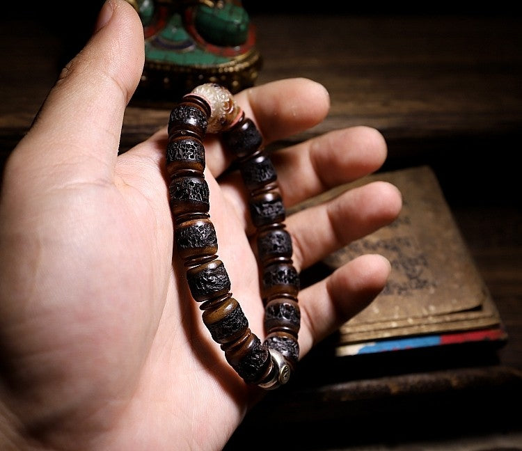Heritage Spirit Bone・Tibetan Vintage Yak Bone Kapala Bracelet | Unisex Tibetan Style Cultural Play Buddha Beads Bracelet
