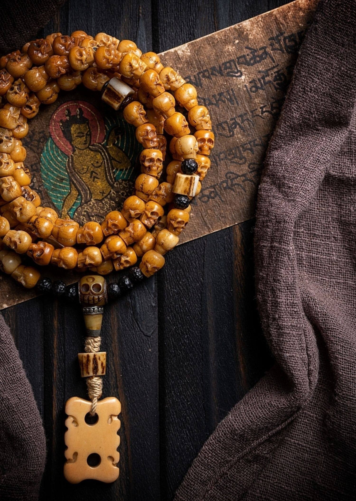 Tibetan Natural Yak Bone Skull Carved Buddha Bead Bracelet | 108 Bead Tibetan Bracelet