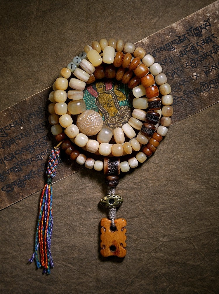 Original Design Tibetan Natural Yak Bone & Camel Bone Multi-Treasure Buddha Bead Bracelet 108 Beads Unisex Necklace Handheld Bracelet