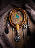 Tibetan Kapala Rosary with Mahakala Pendant | Vintage Yak Bone 108 Bead Buddha Bead Bracelet | Tibetan Buddhist Playable Handheld Bracelet
