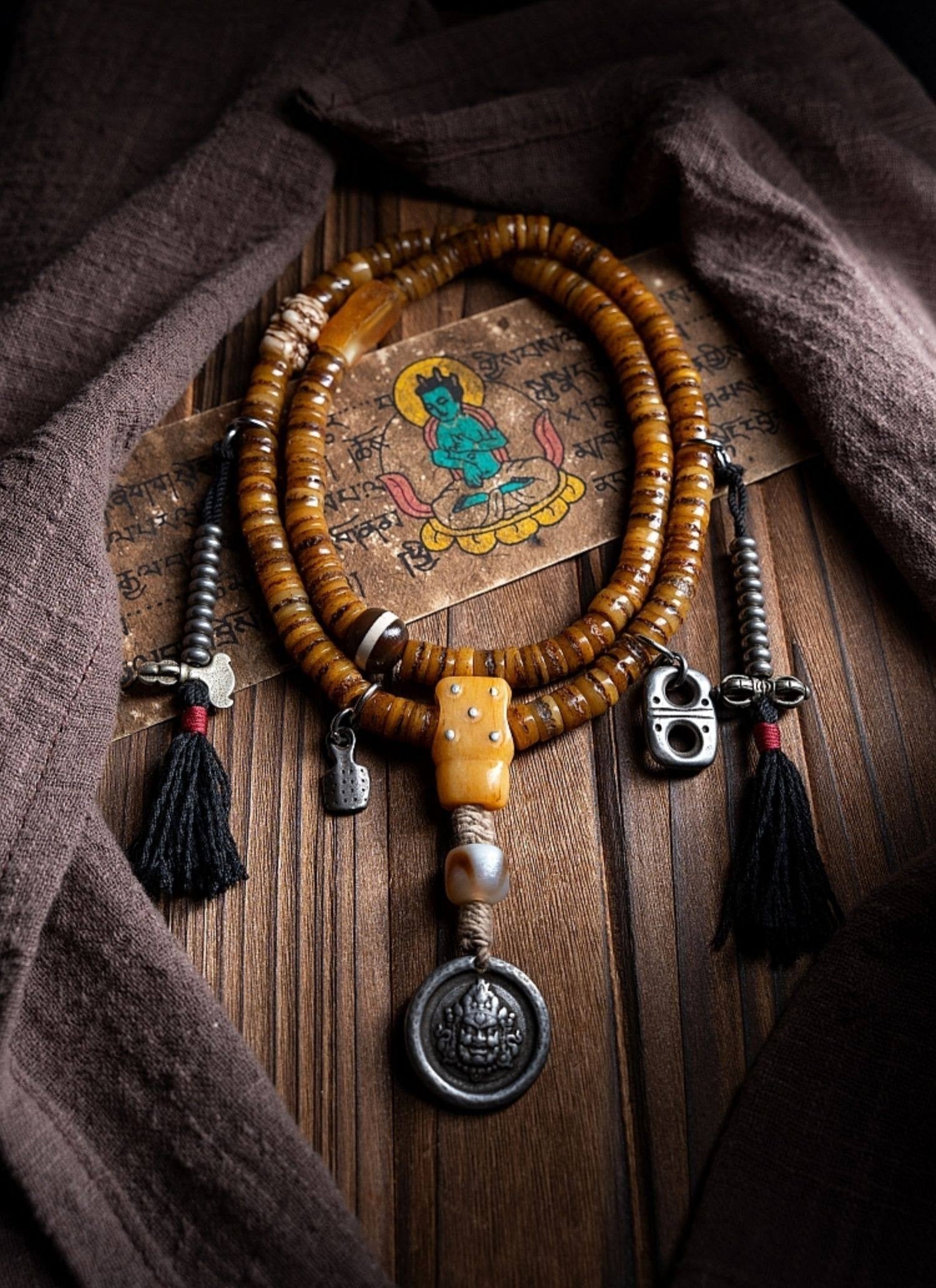 Tibetan Kapala Rosary with Mahakala Pendant | Vintage Yak Bone 108 Bead Buddha Bead Bracelet | Tibetan Buddhist Playable Handheld Bracelet