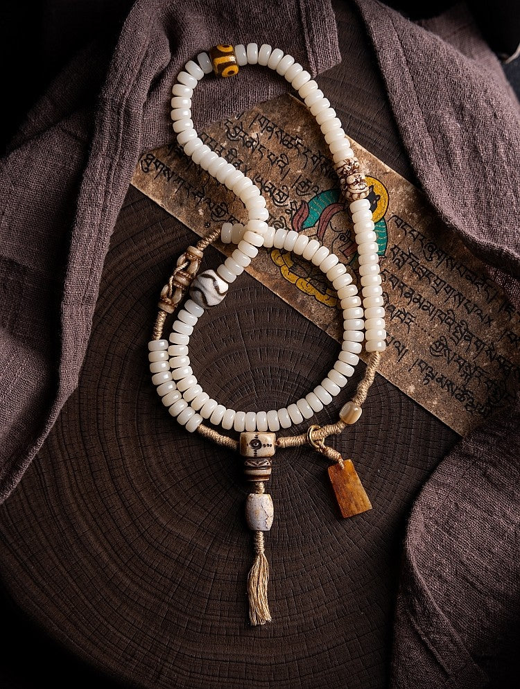 Snowy Tibetan Braided · Original White Jade Bodhi Root 108 Bead Buddha Beads