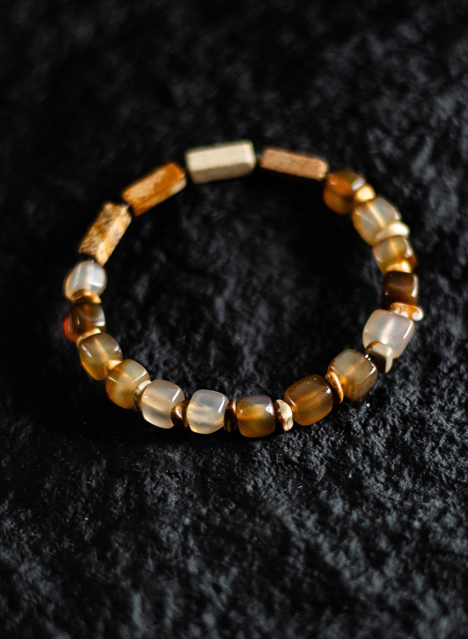 Natural Agate Picture Jasper Beaded Bracelet, Square Sugar Cut, Coffee Tone, Niche Design