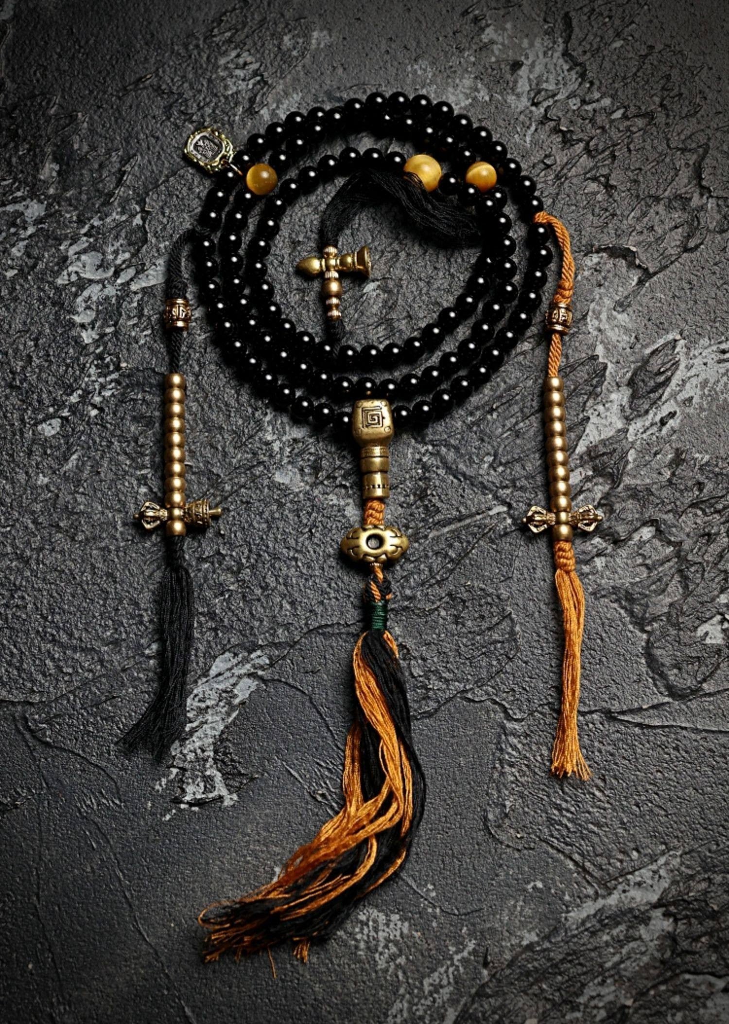 Original Design Black Gold Natural Black Agate 108 Bead Buddha Bead Bracelet | Tibetan Rosary Necklace Unisex Couple Multi-Loop Bracelet