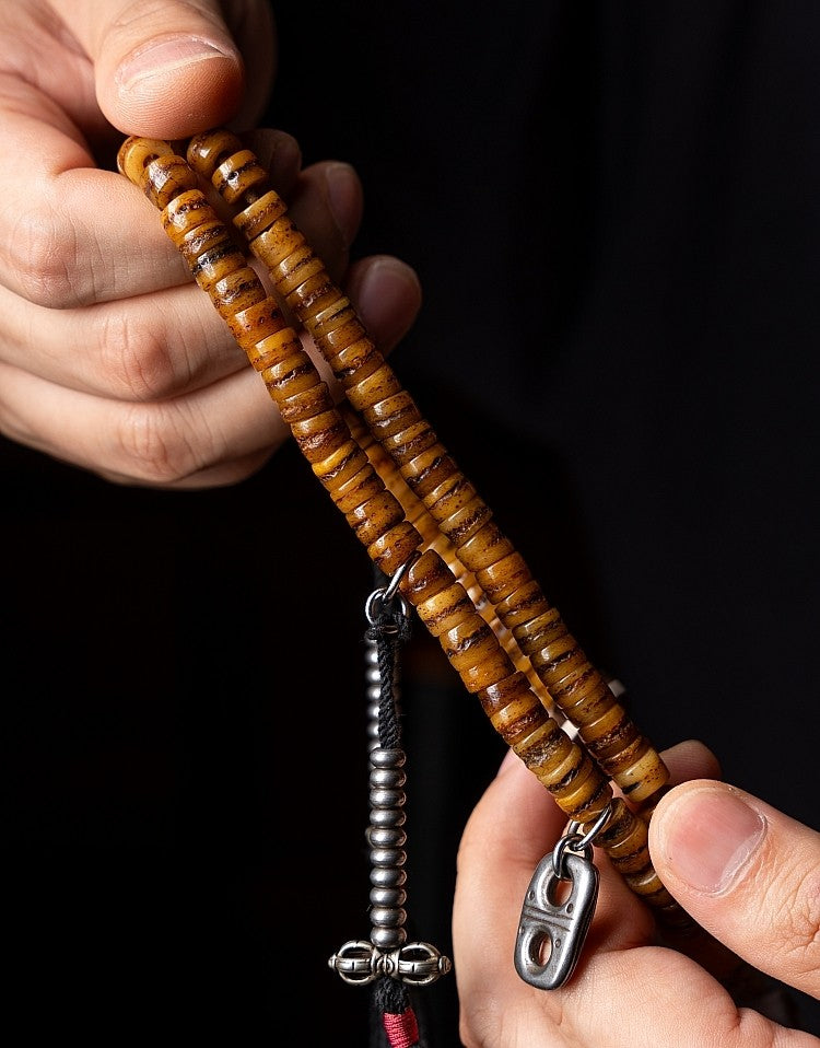 Tibetan Kapala Rosary with Mahakala Pendant | Vintage Yak Bone 108 Bead Buddha Bead Bracelet | Tibetan Buddhist Playable Handheld Bracelet