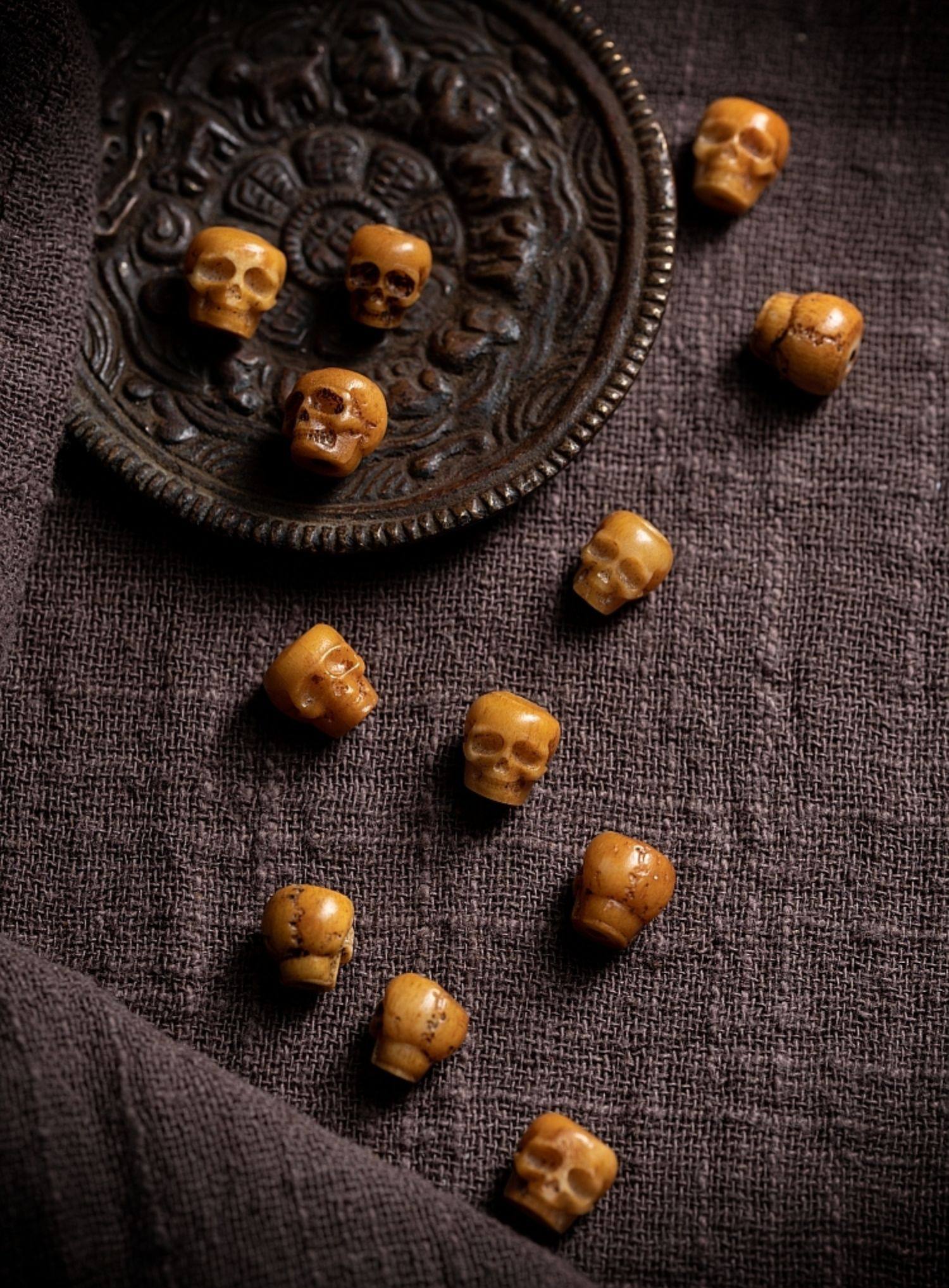Tibetan Natural Yak Bone Skull Carved Buddha Bead Bracelet | 108 Bead Tibetan Bracelet
