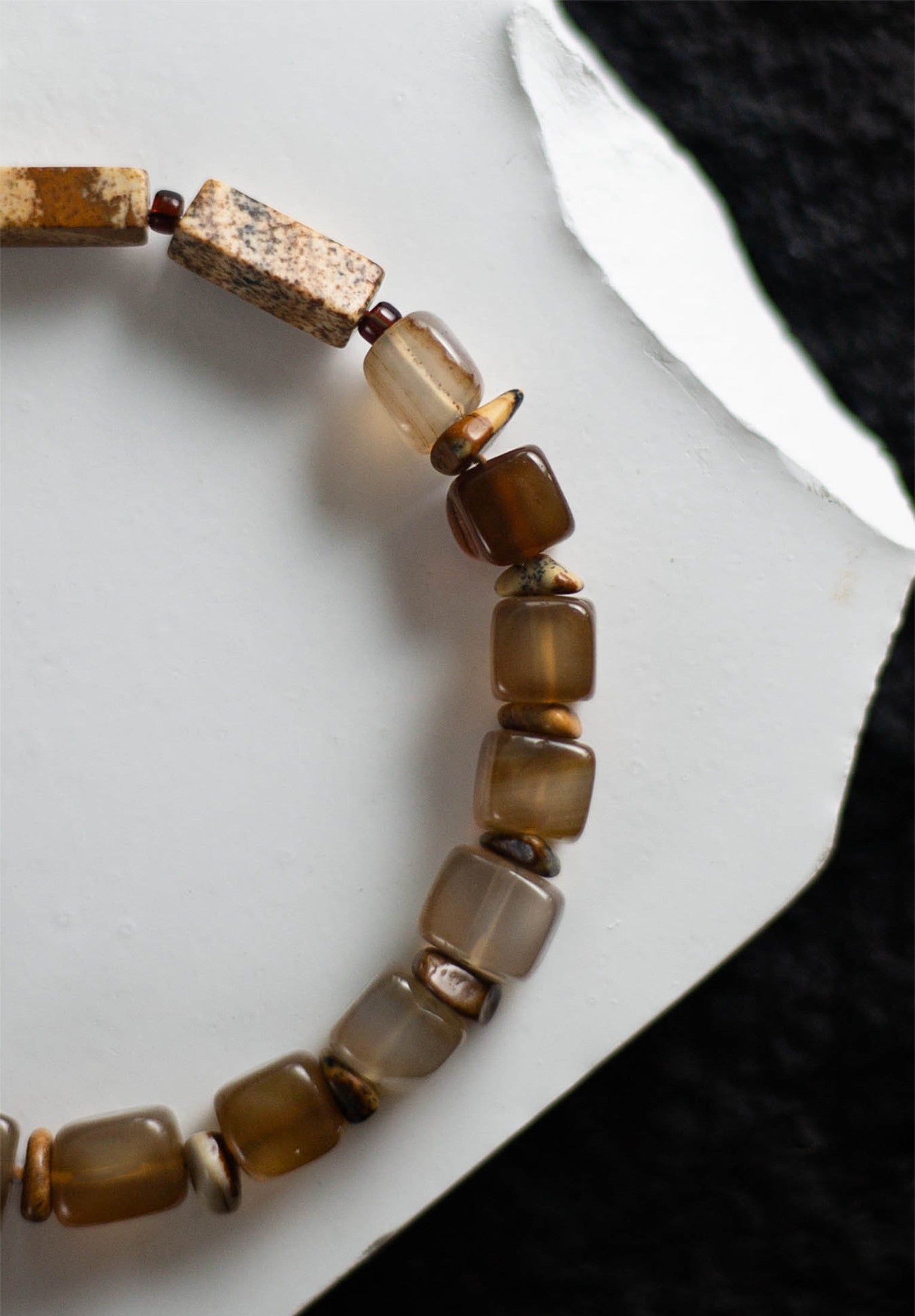 Natural Agate Picture Jasper Beaded Bracelet, Square Sugar Cut, Coffee Tone, Niche Design