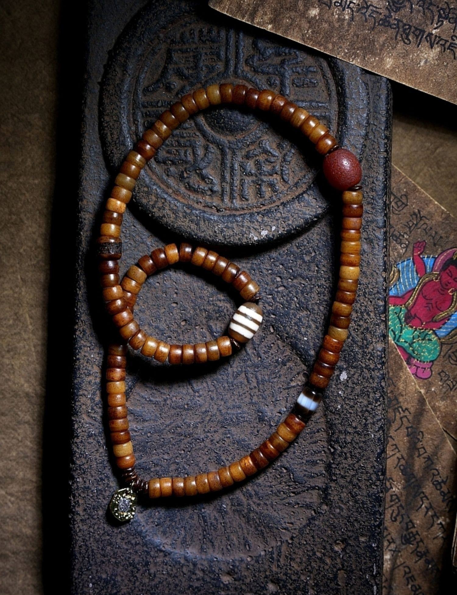 Tibetan Natural Vintage Yak Bone Double-Loop Buddha Bead Bracelet | Tibetan Unisex Couple Style Bracelet