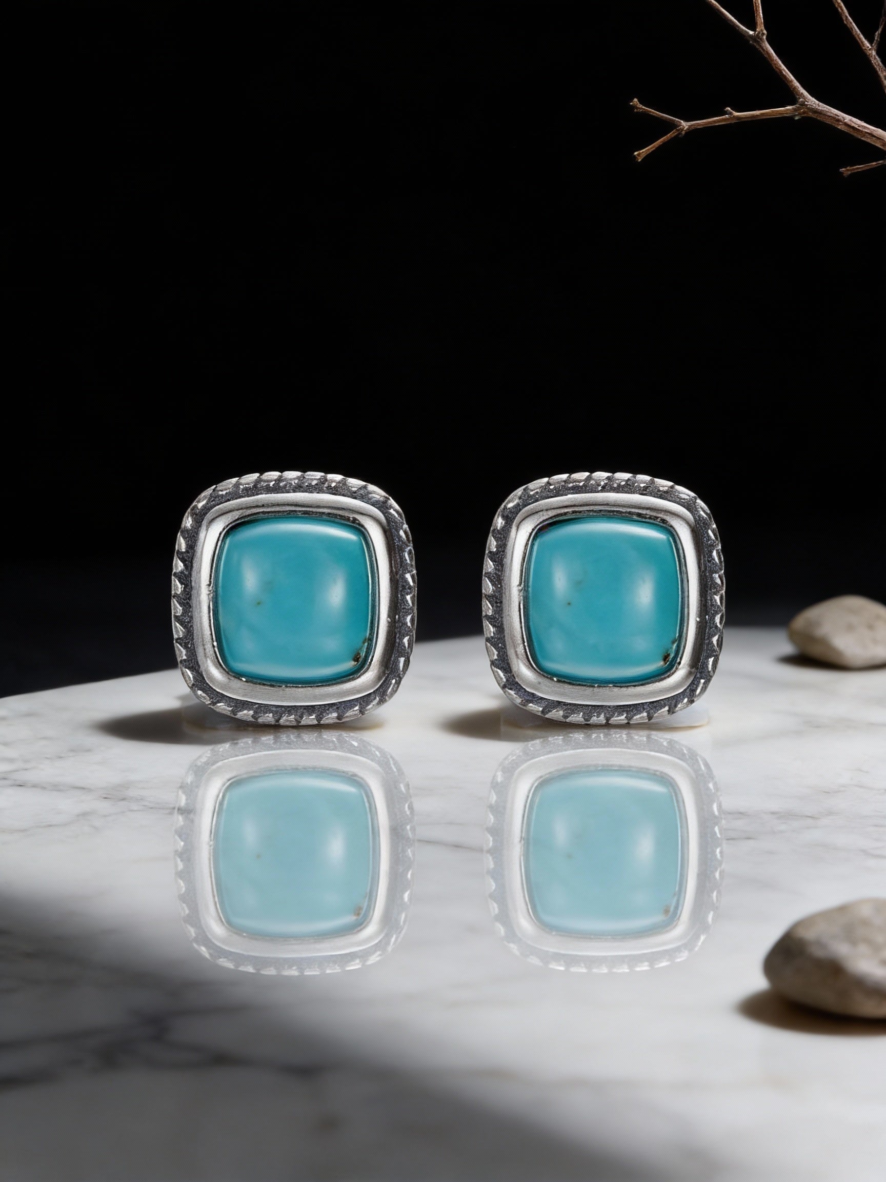 S925 Sterling Silver Blue Turquoise Vintage Finish Elegant Earrings