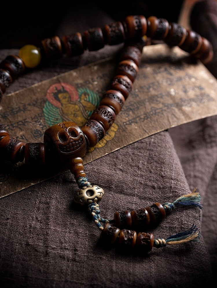Heritage Spirit Bone・Tibetan Vintage Yak Bone Double-Loop Kapala Bracelet | Niche Spirit Bone Buddha Beads Bracelet