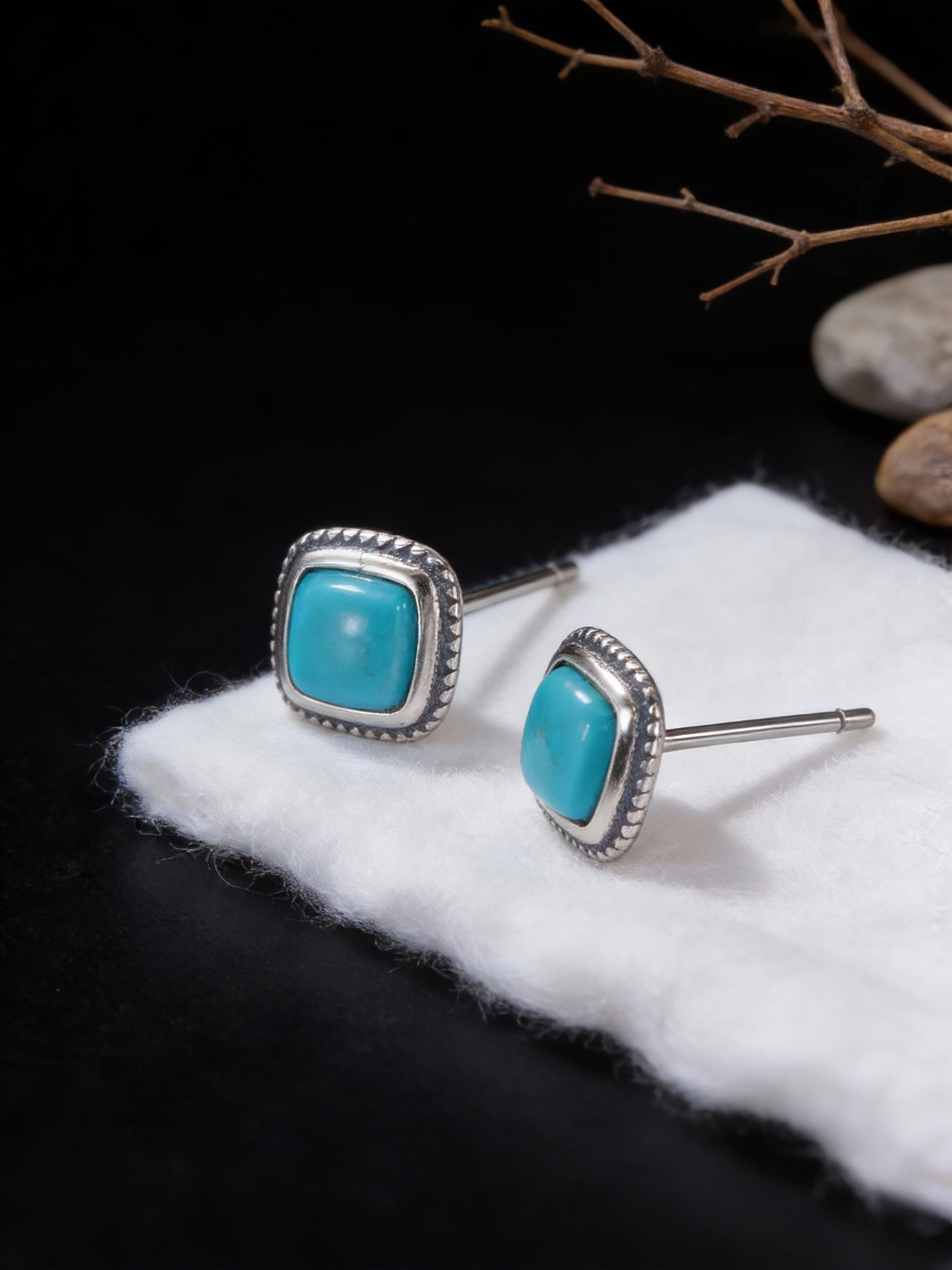 S925 Sterling Silver Blue Turquoise Vintage Finish Elegant Earrings