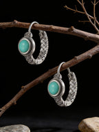 Original Tibetan Ethnic Style Ear Hoop Studs | S925 Sterling Silver Raw Ore Turquoise Earrings