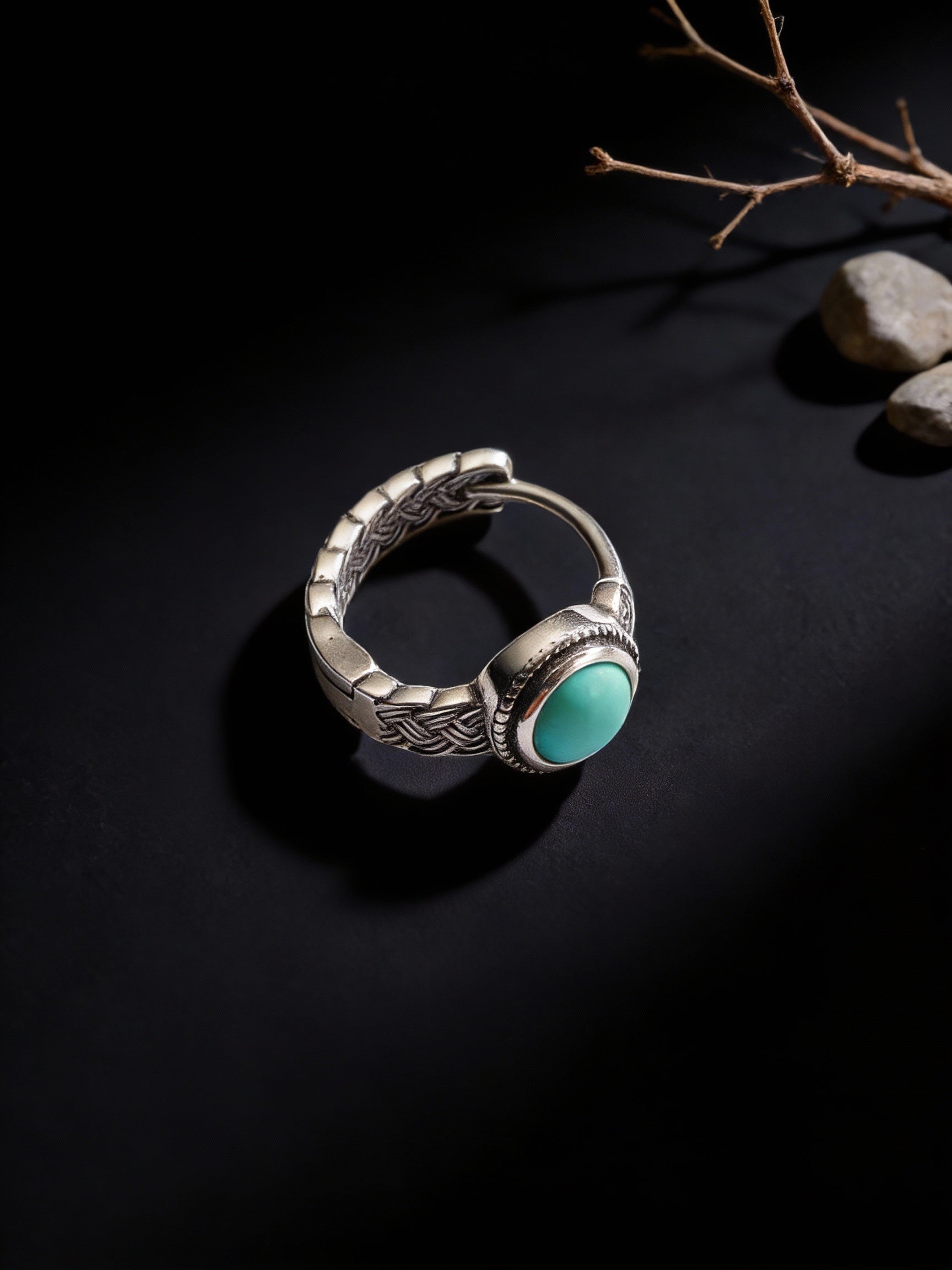 Original Tibetan Ethnic Style Ear Hoop Studs | S925 Sterling Silver Raw Ore Turquoise Earrings