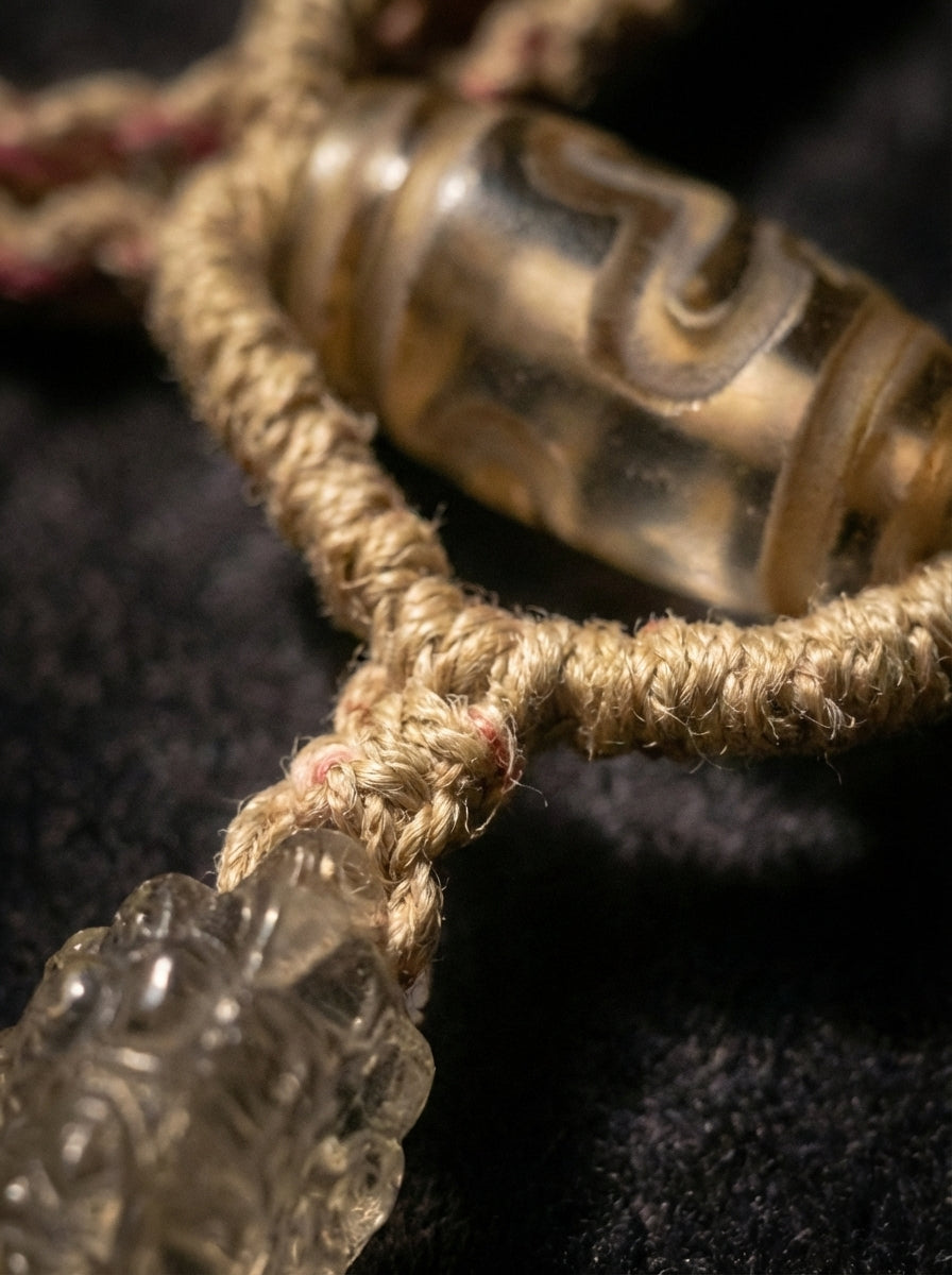 Tibetan Region Vintage Natural White Crystal Three-Faced Mahakala Vajra Dzi Bead Necklace - Unique Piece