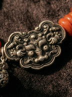 Tibetan Metal Beast Face Lock Crane Square Plaque Bracelet・Red Jadeite Spacer Vintage Beaded Bracelet