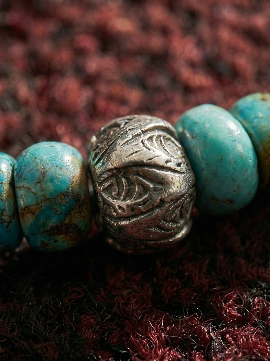 Tibetan Sacred Stone Ancient Hand-Chiseled Natural Raw Turquoise Sterling Silver Bracelet Original Niche Design