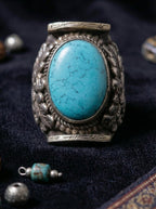 Tibetan Sacred Stone・Hand-Carved Saddle Ring | Natural Turquoise Vintage Ring