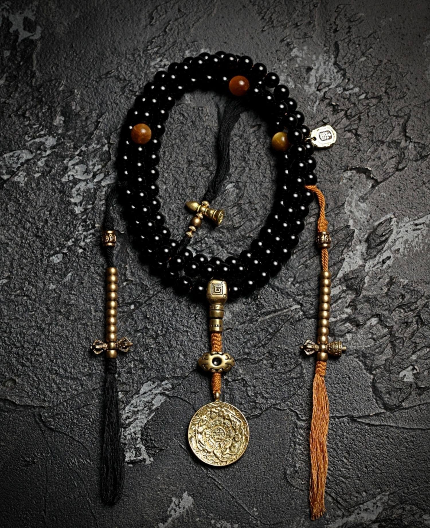 Original Design Black Gold Natural Black Agate 108 Bead Buddha Bead Bracelet | Tibetan Rosary Necklace Unisex Couple Multi-Loop Bracelet