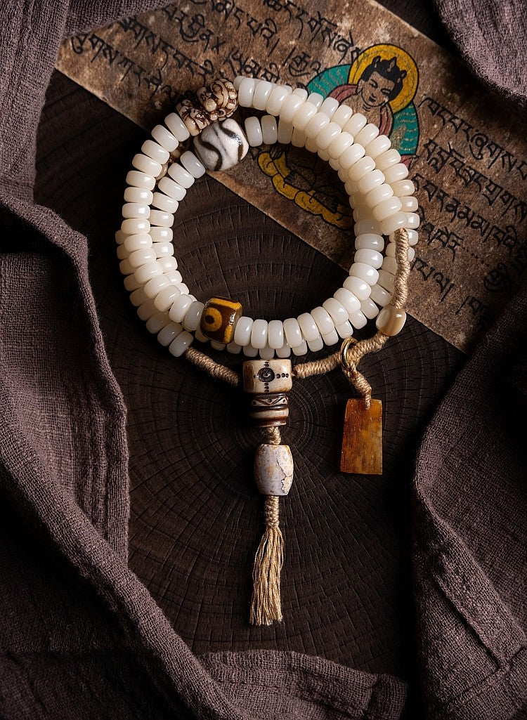 Snowy Tibetan Braided · Original White Jade Bodhi Root 108 Bead Buddha Beads