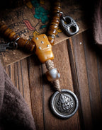 Tibetan Kapala Rosary with Mahakala Pendant | Vintage Yak Bone 108 Bead Buddha Bead Bracelet | Tibetan Buddhist Playable Handheld Bracelet