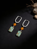 Vintage New Chinese Style Ear Clasps | Original Design 925 Sterling Silver Amber Turquoise Pendant Earrings