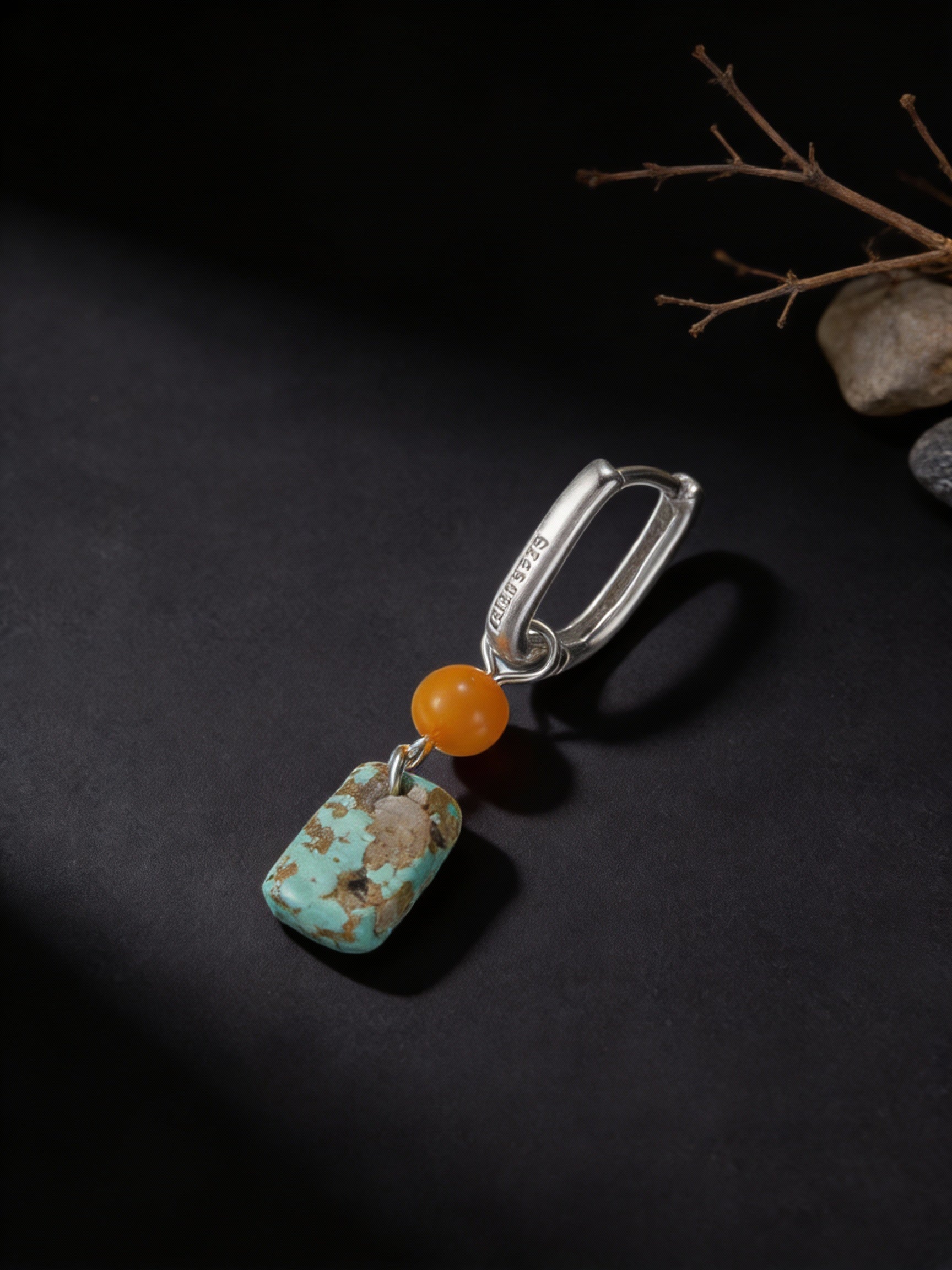Vintage New Chinese Style Ear Clasps | Original Design 925 Sterling Silver Amber Turquoise Pendant Earrings