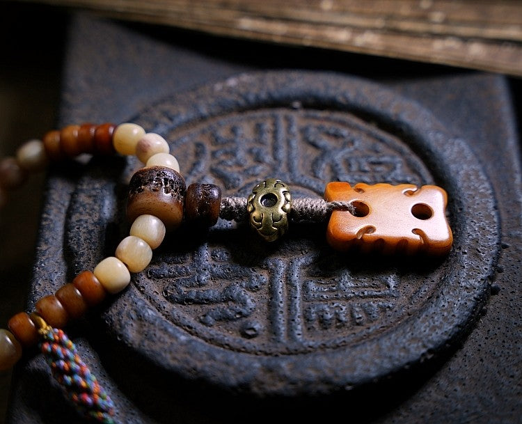 Original Design Tibetan Natural Yak Bone & Camel Bone Multi-Treasure Buddha Bead Bracelet 108 Beads Unisex Necklace Handheld Bracelet