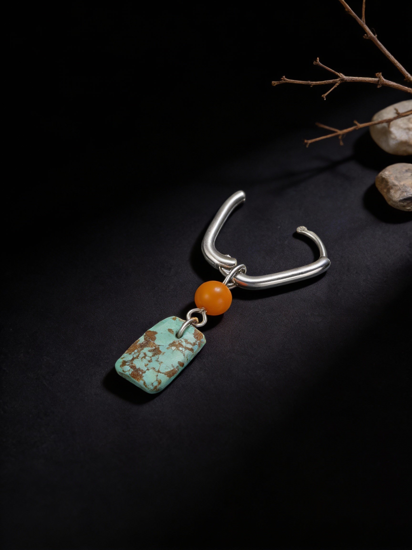 Vintage New Chinese Style Ear Clasps | Original Design 925 Sterling Silver Amber Turquoise Pendant Earrings