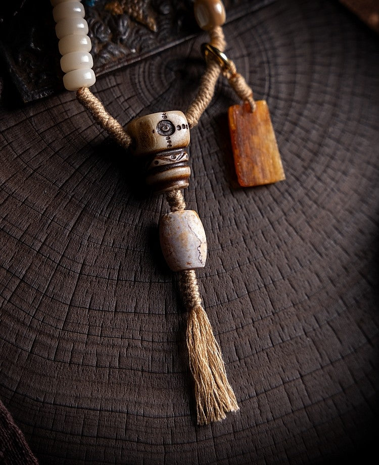 Snowy Tibetan Braided · Original White Jade Bodhi Root 108 Bead Buddha Beads