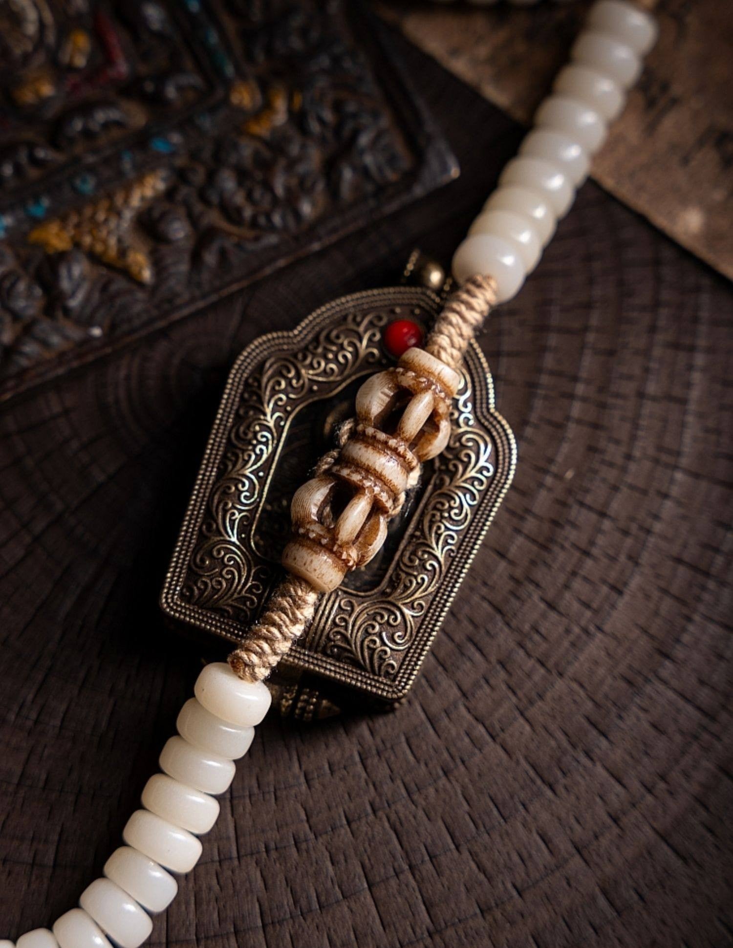 Snowy Tibetan Braided · Original White Jade Bodhi Root 108 Bead Buddha Beads