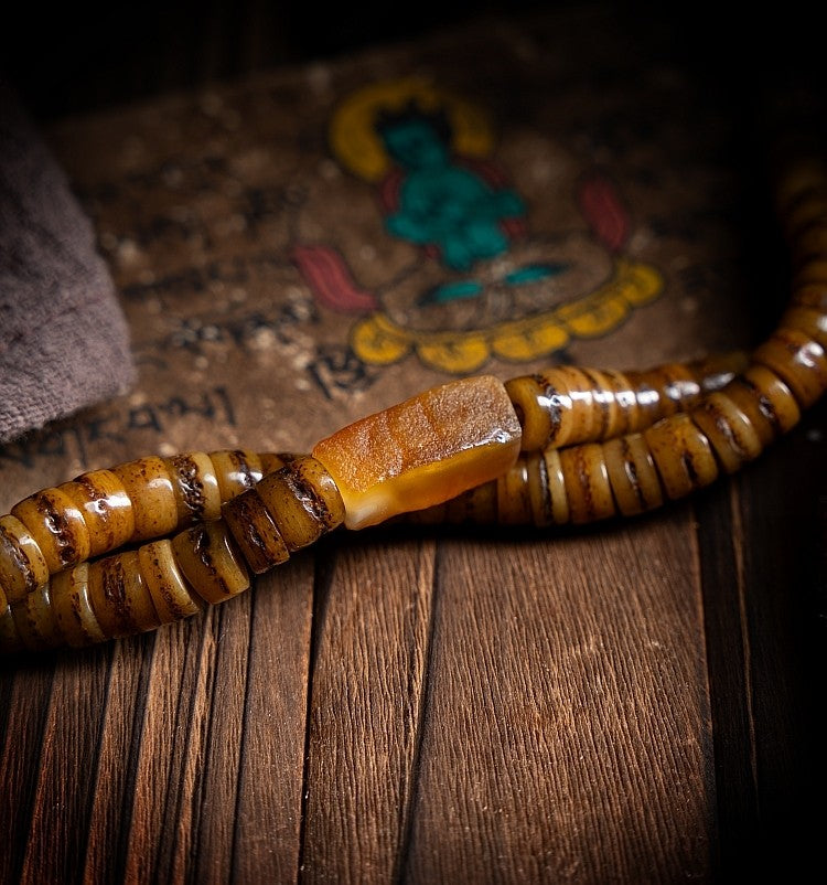 Tibetan Kapala Rosary with Mahakala Pendant | Vintage Yak Bone 108 Bead Buddha Bead Bracelet | Tibetan Buddhist Playable Handheld Bracelet