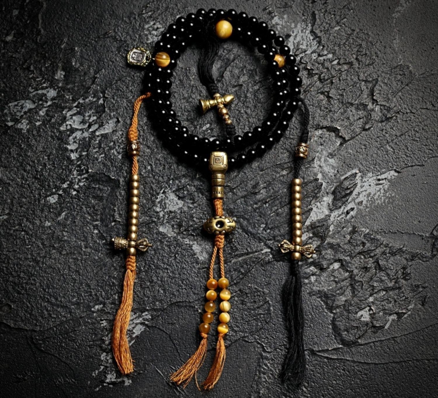 Original Design Black Gold Natural Black Agate 108 Bead Buddha Bead Bracelet | Tibetan Rosary Necklace Unisex Couple Multi-Loop Bracelet