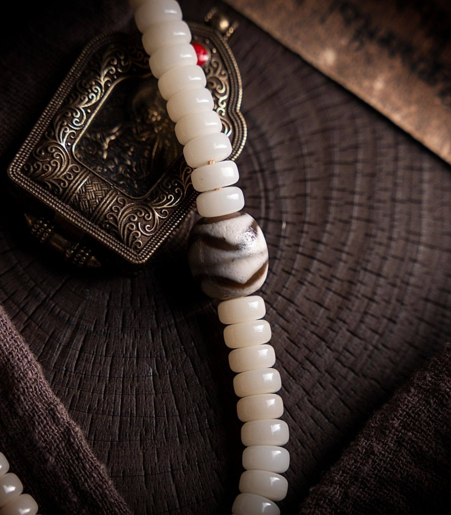 Snowy Tibetan Braided · Original White Jade Bodhi Root 108 Bead Buddha Beads