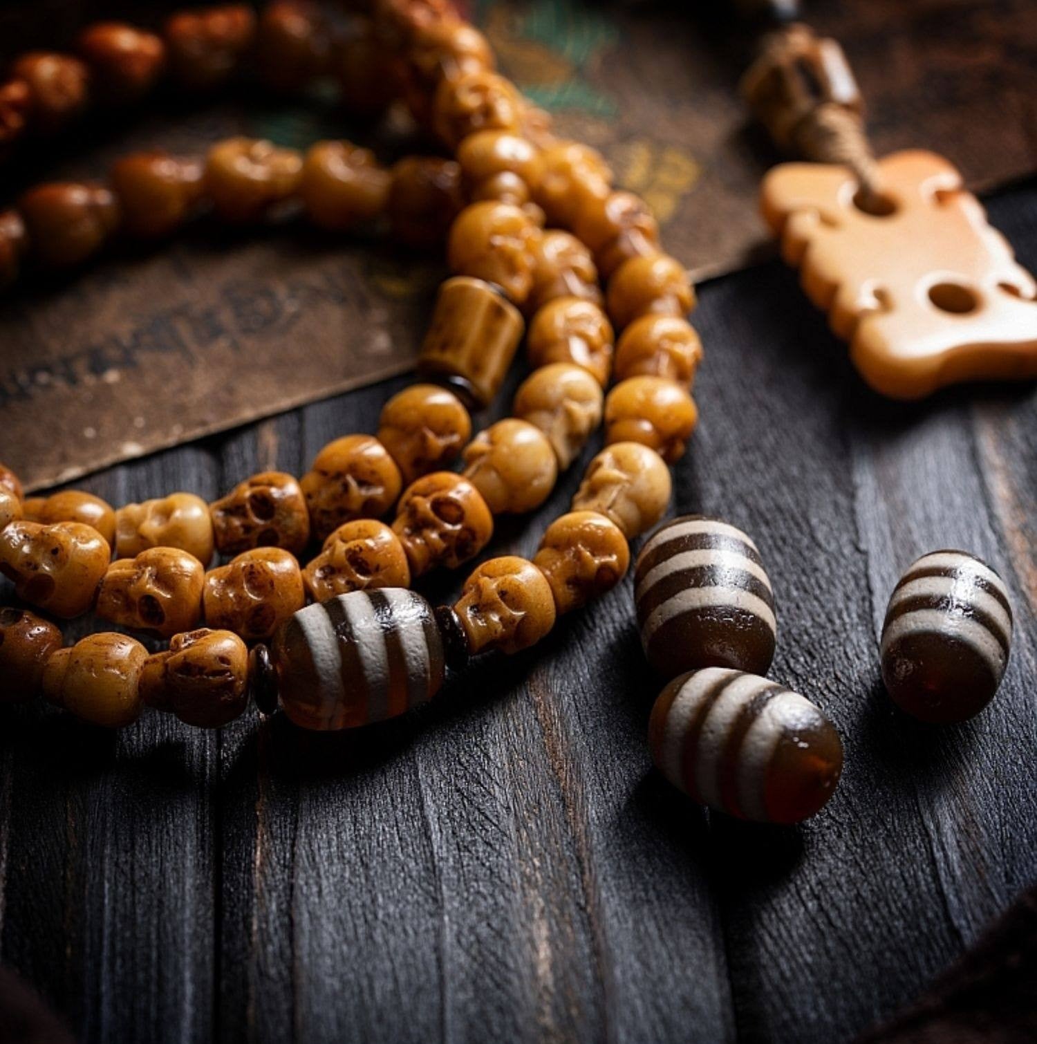Tibetan Natural Yak Bone Skull Carved Buddha Bead Bracelet | 108 Bead Tibetan Bracelet