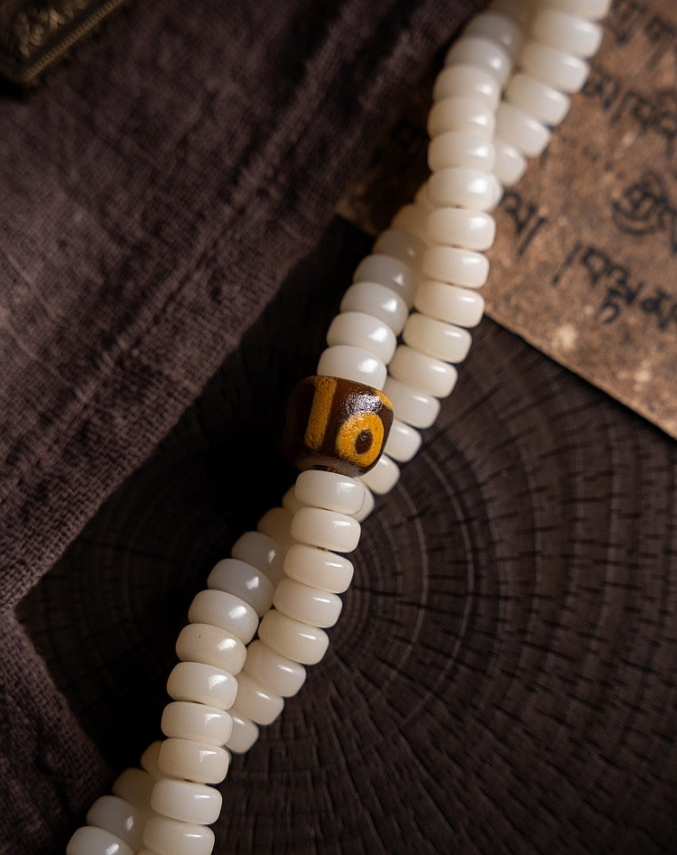Snowy Tibetan Braided · Original White Jade Bodhi Root 108 Bead Buddha Beads