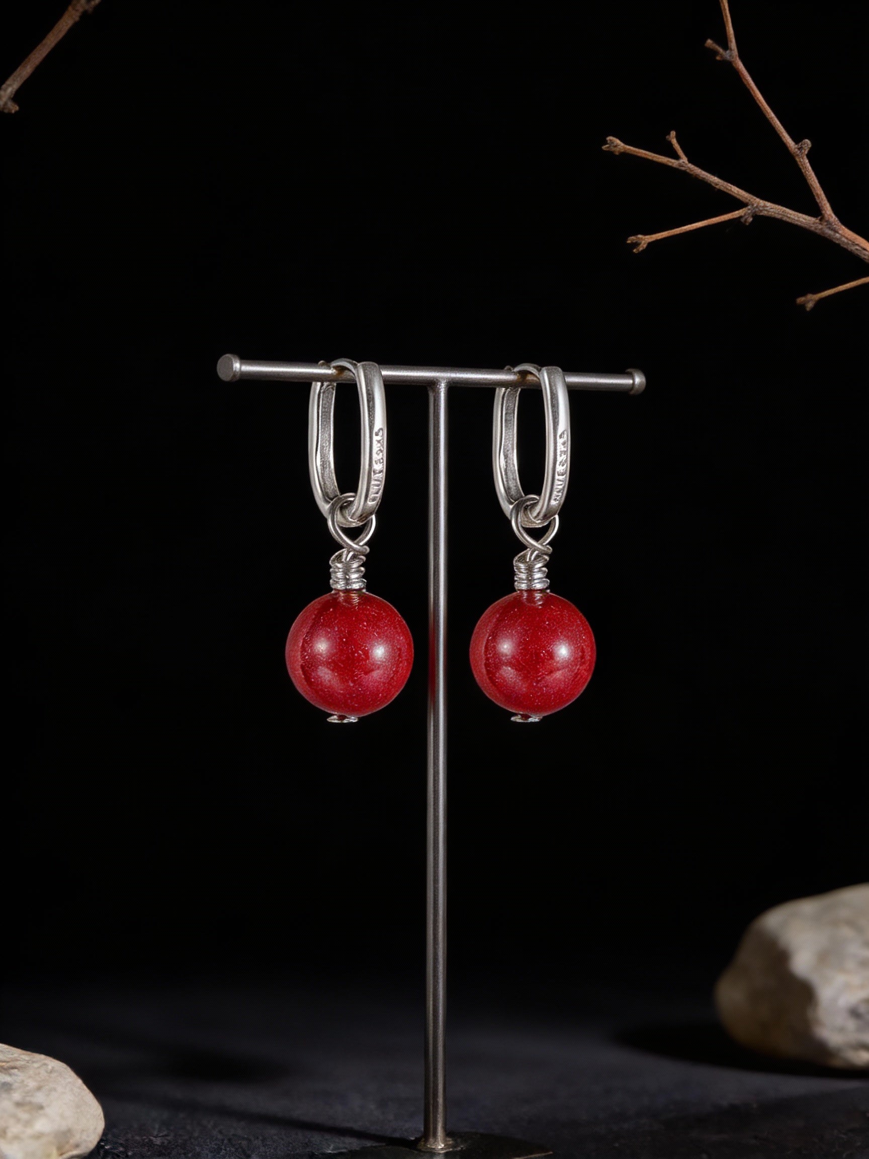 Vintage Ethnic Style Earrings | S925 Sterling Silver Cinnabar Ear Clasp Earrings