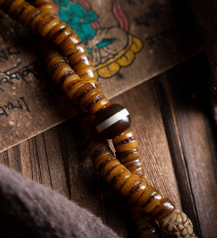 Tibetan Kapala Rosary with Mahakala Pendant | Vintage Yak Bone 108 Bead Buddha Bead Bracelet | Tibetan Buddhist Playable Handheld Bracelet