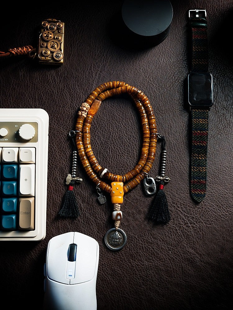 Tibetan Kapala Rosary with Mahakala Pendant | Vintage Yak Bone 108 Bead Buddha Bead Bracelet | Tibetan Buddhist Playable Handheld Bracelet