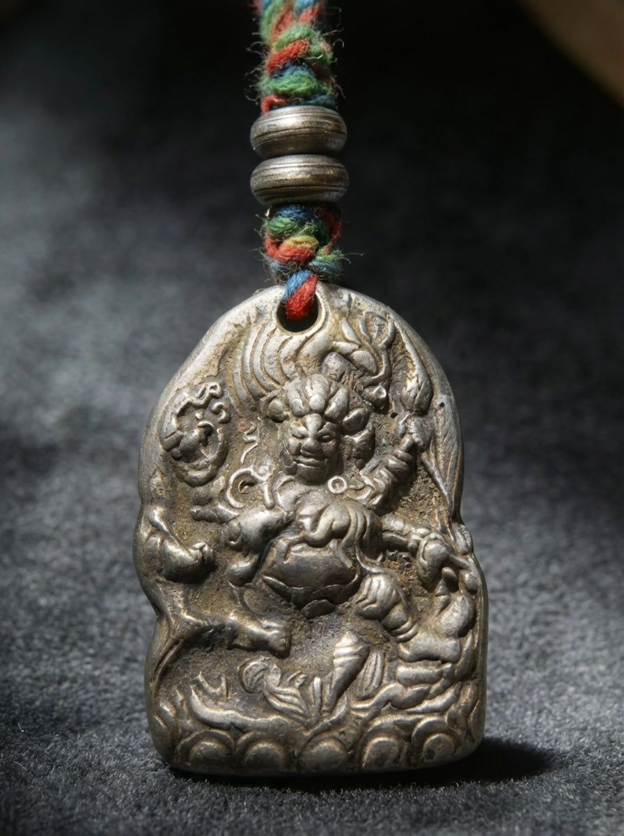 Tibetan Six-Armed Mahakala Hand-Carved Cold Iron Talisman Pendant