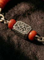 Tibetan Metal Beast Face Lock Crane Square Plaque Bracelet・Red Jadeite Spacer Vintage Beaded Bracelet
