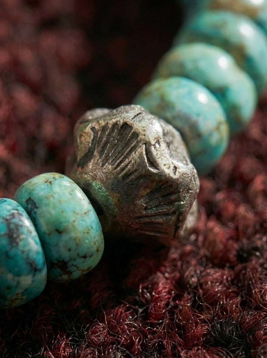 Tibetan Sacred Stone Ancient Hand-Chiseled Natural Raw Turquoise Sterling Silver Bracelet Original Niche Design