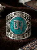 Om Blessing・Turquoise Inlaid Open Ring | Original Ethnic Style Adjustable Ring