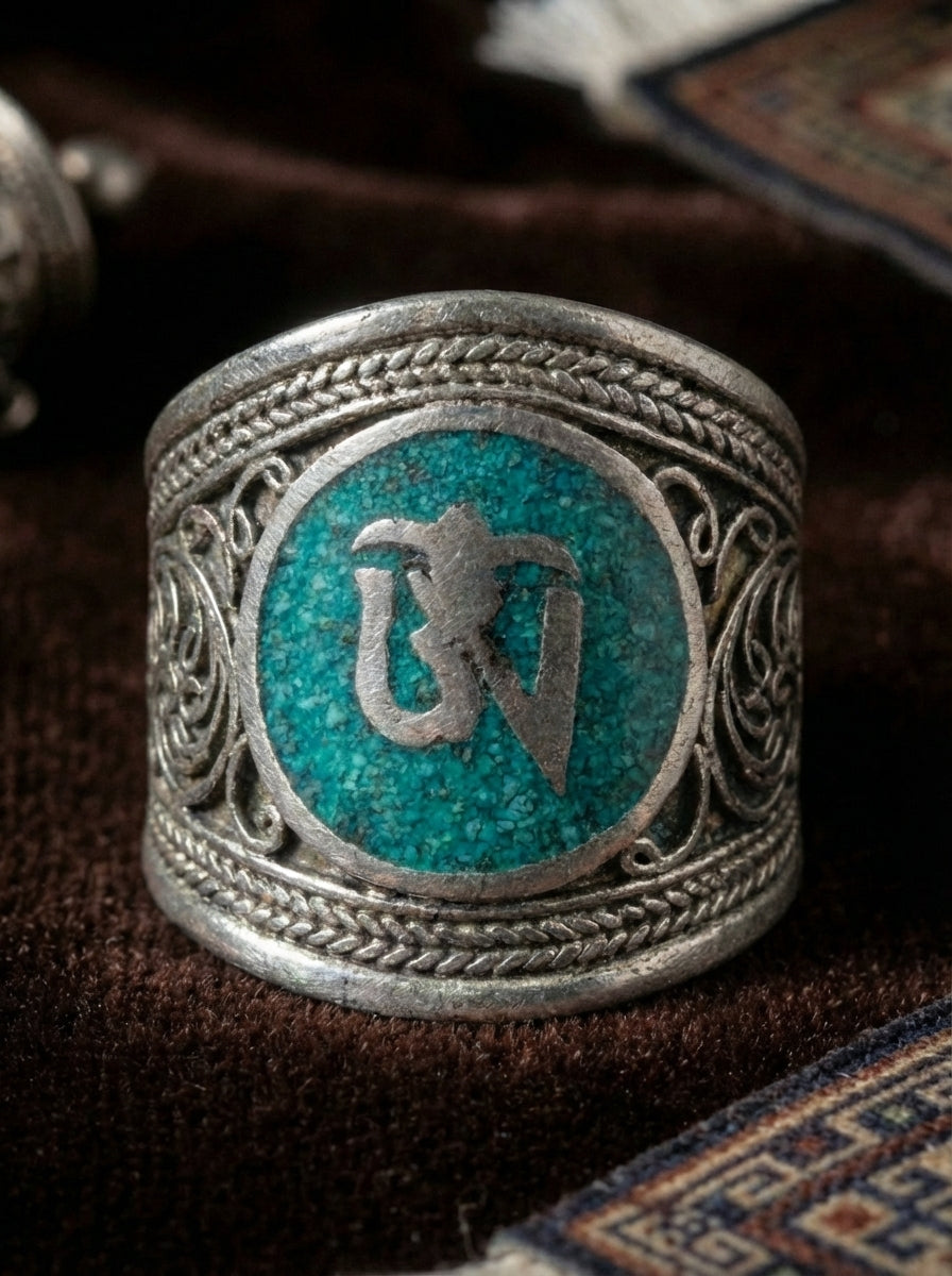 Om Blessing・Turquoise Inlaid Open Ring | Original Ethnic Style Adjustable Ring
