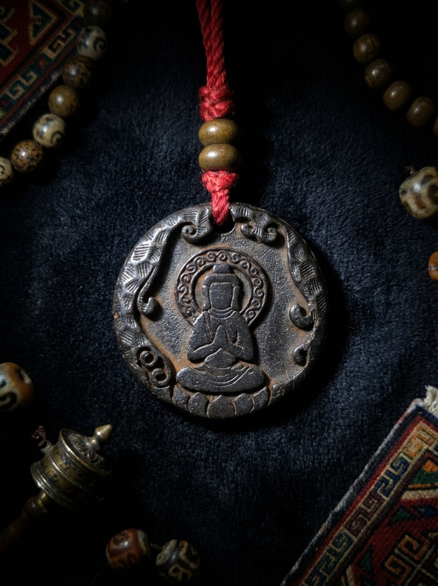 Tibetan Cold Iron Formless Buddha & Ten Symbols of Freedom Cold Iron Amulet