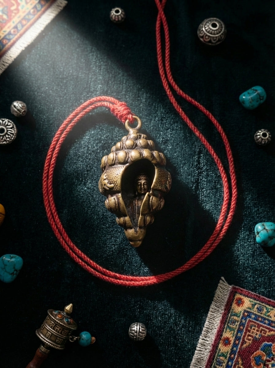 Tibetan Conch Shell Blessing・Brass Six Syllable Mantra Buddha Pendant