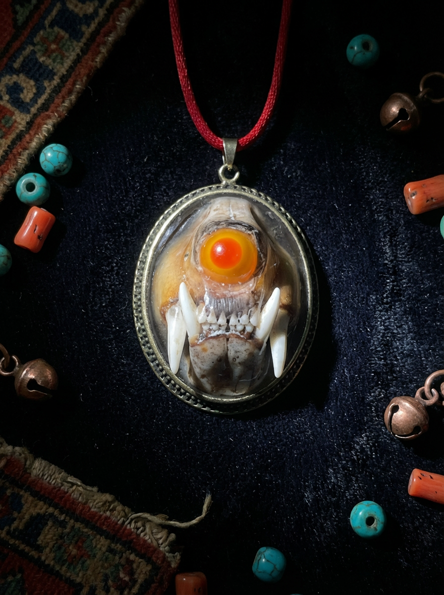 Folk Inlaid Mink Skull Pendant | Spirit Bone (Mink Bone) Necklace