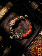 Tibetan Metal Beast Face Lock Crane Square Plaque Bracelet・Red Jadeite Spacer Vintage Beaded Bracelet