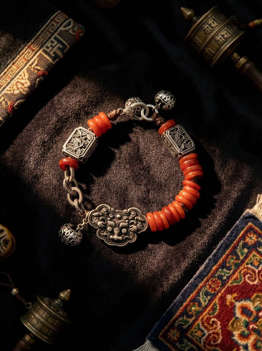 Tibetan Metal Beast Face Lock Crane Square Plaque Bracelet・Red Jadeite Spacer Vintage Beaded Bracelet