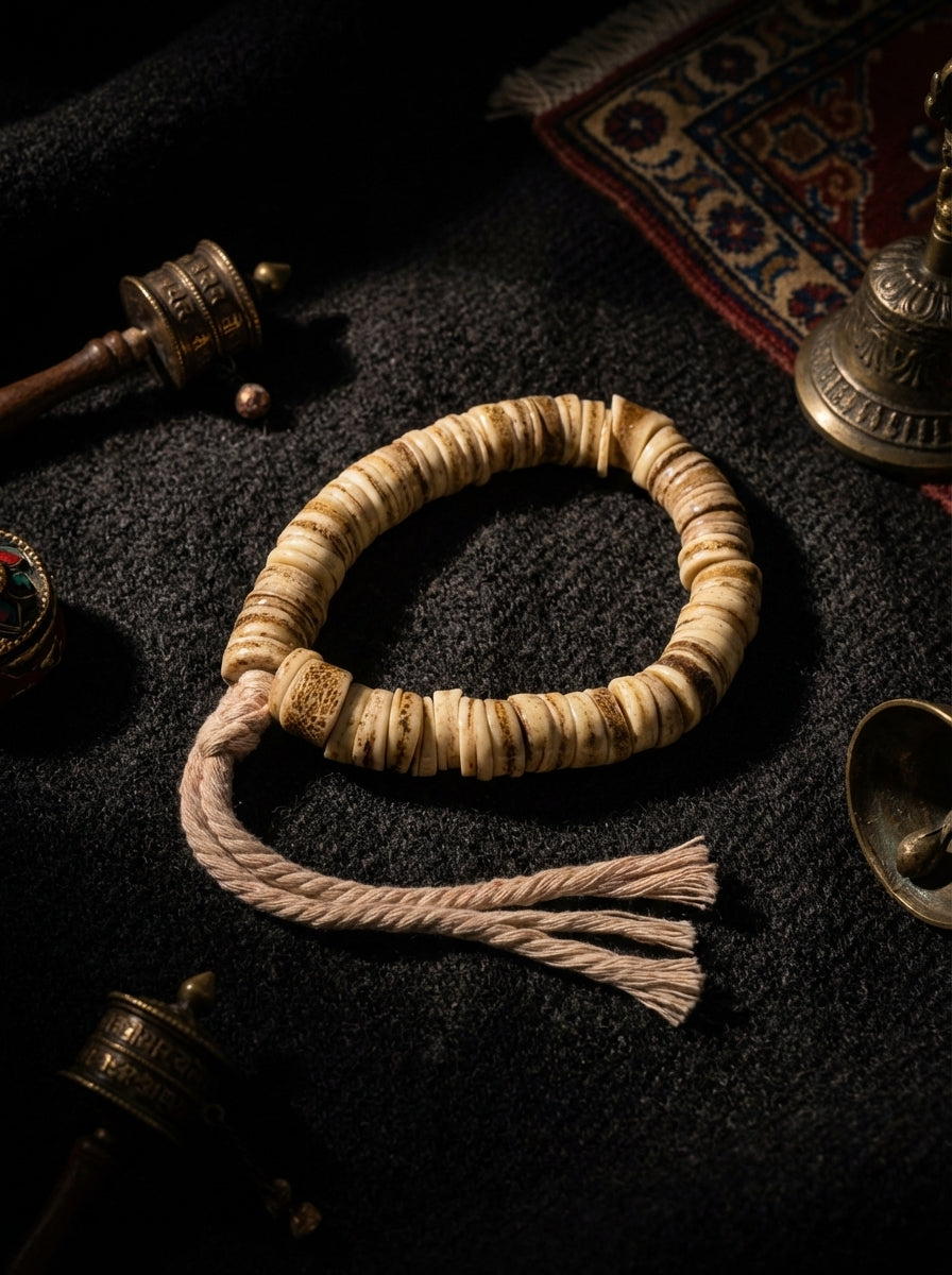 Tibetan Heritage · Irregular Prayer Wheel Old Camel Bone Mani Bead Bracelet